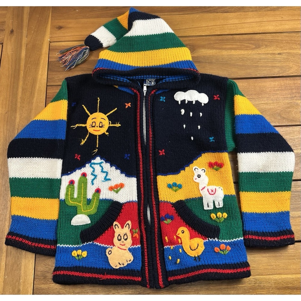 Sisandina Handmade Peruvian Children's Cardigan Sweater 6Y With Tassle Hood